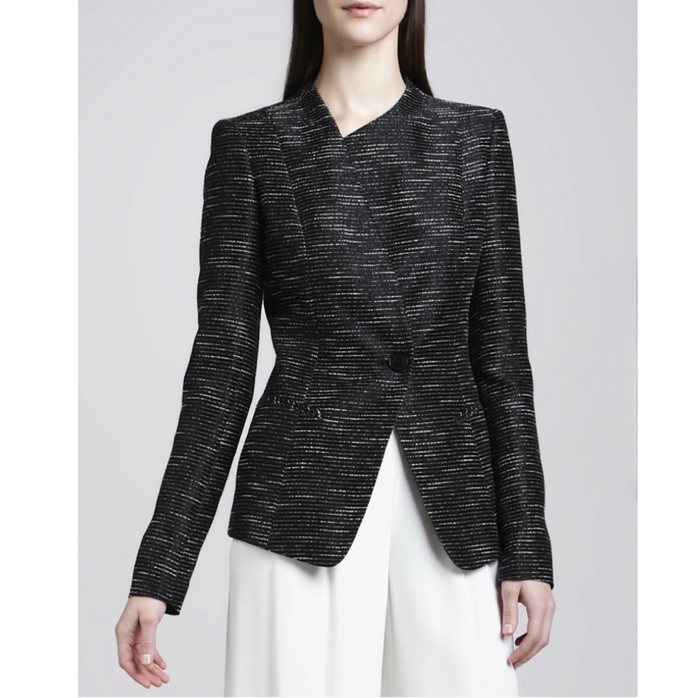 Lafayette 148 New York black and white tweed blazer asymmetric button closure